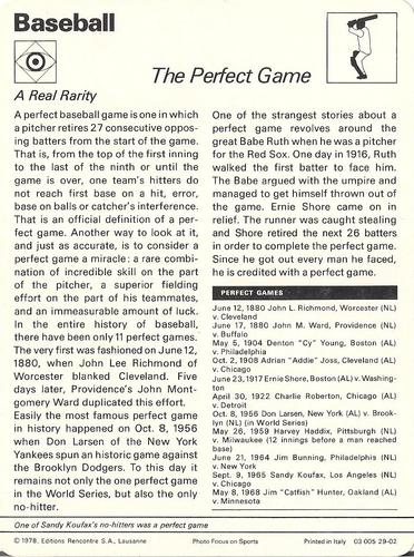 1977-79 Sportscaster Series 29 #29-02 The Perfect Game Back
