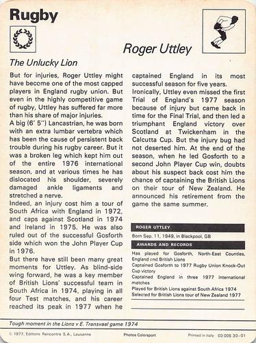 1977-79 Sportscaster Series 30 #30-01 Roger Uttley Back