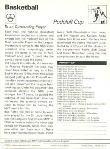 1977-79 Sportscaster Series 30 #30-12 Podoloff Cup Back