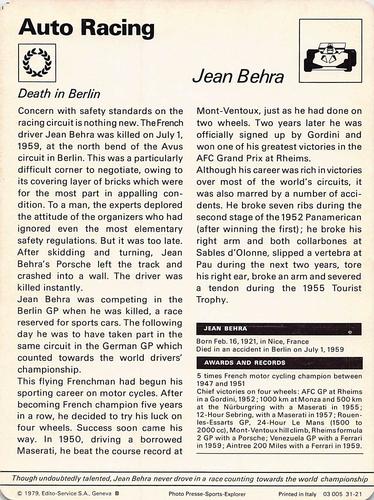 1977-79 Sportscaster Series 31 #31-21 Jean Behra Back