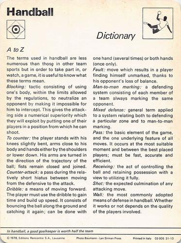 1977-79 Sportscaster Series 31 #31-13 Handball Dictionary Back