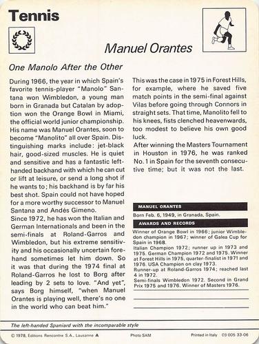 1977-79 Sportscaster Series 33 #33-06 Manuel Orantes Back