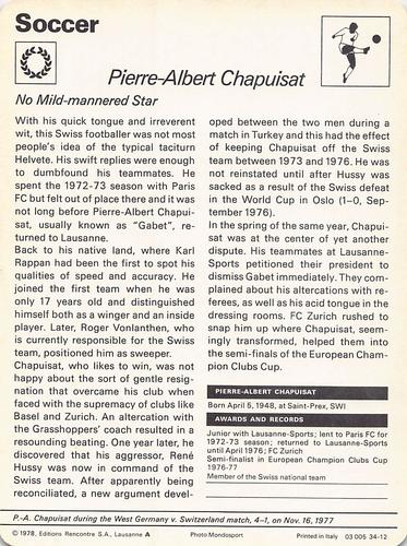 1977-79 Sportscaster Series 34 #34-12 Pierre-Albert Chapuisat Back
