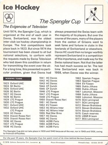 1977-79 Sportscaster Series 35 #35-03 The Spengler Cup Back