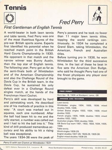 1977-79 Sportscaster Series 35 #35-22 Fred Perry / Gottfried von Cramm Back