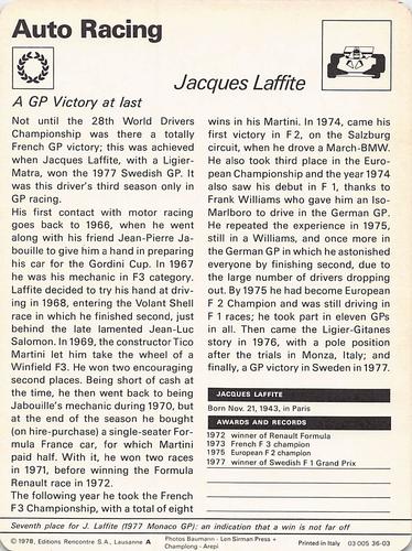 1977-79 Sportscaster Series 36 #36-03 Jacques Laffite Back