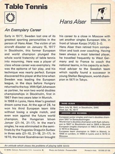 1977-79 Sportscaster Series 37 #37-05 Hans Alser Back