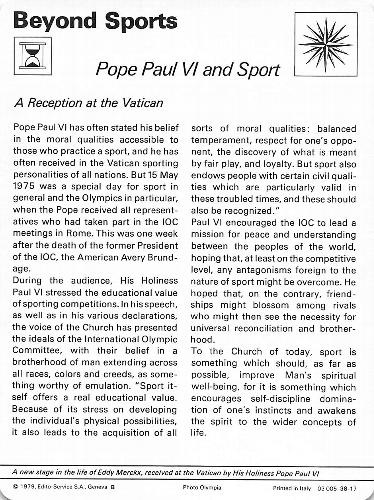 1977-79 Sportscaster Series 38 #38-17 Pope Paul VI and Sport Back