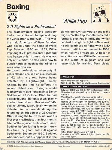 1977-79 Sportscaster Series 39 #39-07 Willie Pep Back