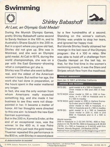1977-79 Sportscaster Series 40 #40-13 Shirley Babashoff Back
