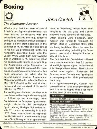 1977-79 Sportscaster Series 41 #41-10 John Conteh Back