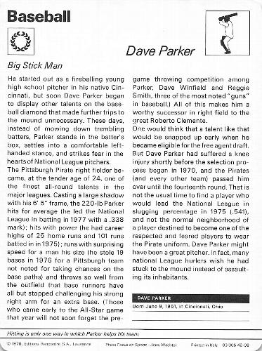1977-79 Sportscaster Series 42 #42-08 Dave Parker Back
