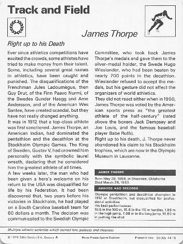 1977-79 Sportscaster Series 44 #44-15 Jim Thorpe Back