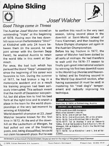 1977-79 Sportscaster Series 44 #44-01 Josef Walcher Back