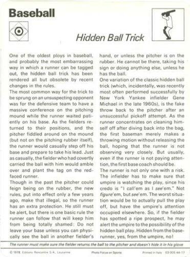 1977-79 Sportscaster Series 44 #44-17 Hidden Ball Trick Back