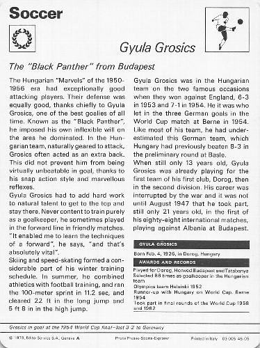 1977-79 Sportscaster Series 45 #45-05 Gyula Grosics Back