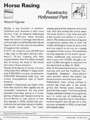 1977-79 Sportscaster Series 47 #47-06 Racetracks: Hollywood Park Back
