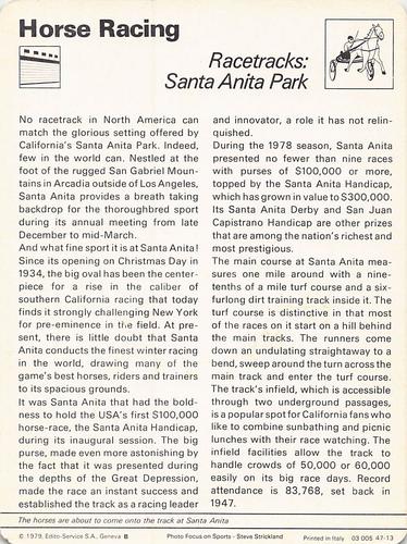 1977-79 Sportscaster Series 47 #47-13 Racetracks: Santa Anita Park Back
