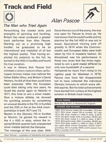 1977-79 Sportscaster Series 49 #49-09 Alan Pascoe Back