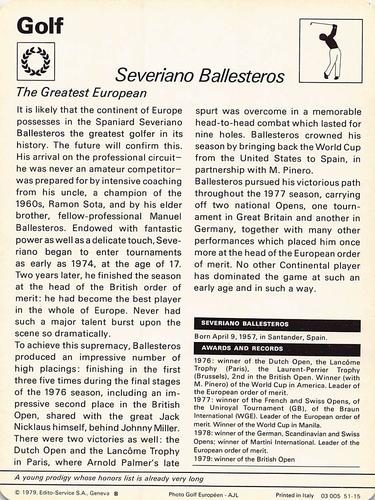 1977-79 Sportscaster Series 51 #51-15 Severiano Ballesteros Back