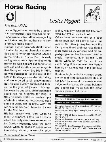 1977-79 Sportscaster Series 51 #51-22 Lester Piggott Back