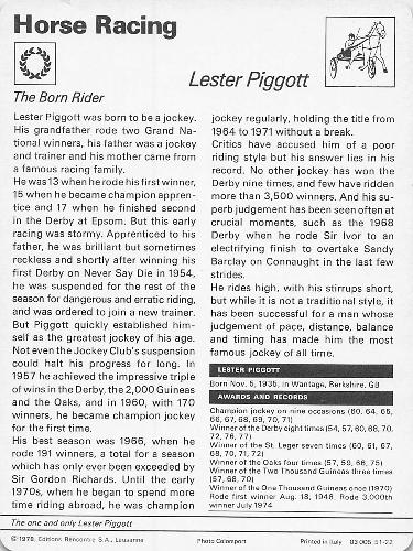 1977-79 Sportscaster Series 51 #51-22 Lester Piggott Back