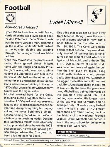 1977-79 Sportscaster Series 52 #52-13 Lydell Mitchell Back