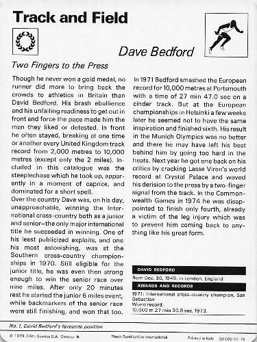 1977-79 Sportscaster Series 52 #52-16 Dave Bedford Back