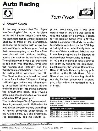 1977-79 Sportscaster Series 52 #52-17 Tom Pryce Back