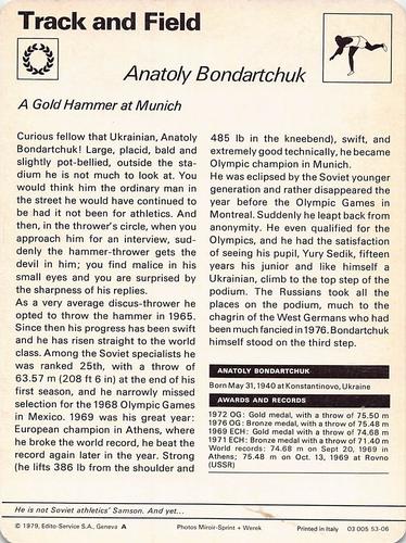 1977-79 Sportscaster Series 53 #53-06 Anatoly Bondartchuk Back