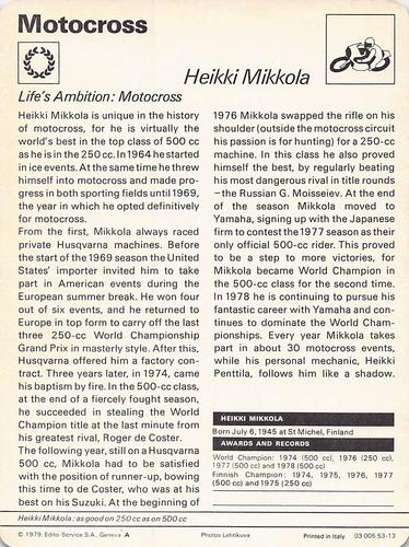1977-79 Sportscaster Series 53 #53-13 Heikki Mikkola Back