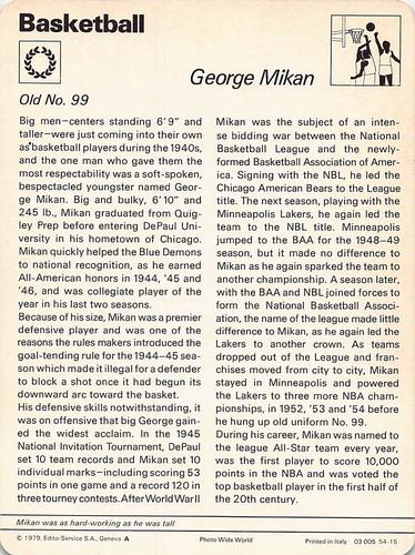 1977-79 Sportscaster Series 54 #54-15 George Mikan Back