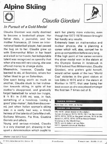 1977-79 Sportscaster Series 54 #54-22 Claudia Giordani Back