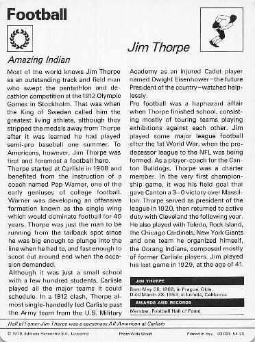 1977-79 Sportscaster Series 54 #54-20 Jim Thorpe Back