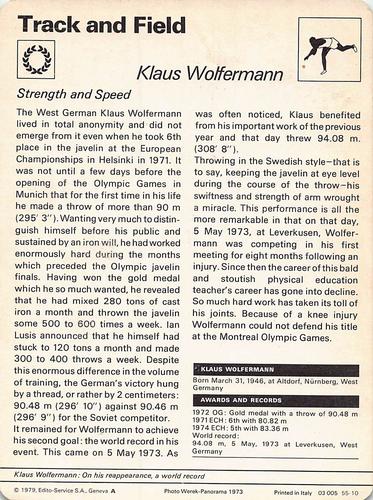 1977-79 Sportscaster Series 55 #55-10 Klaus Wolfermann Back