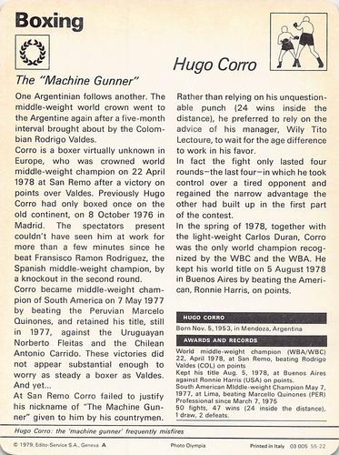 1977-79 Sportscaster Series 55 #55-22 Hugo Corro Back