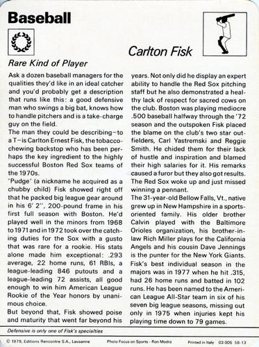 1977-79 Sportscaster Series 56 #56-13 Carlton Fisk Back
