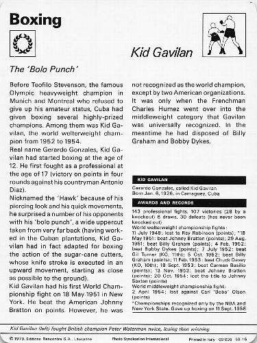 1977-79 Sportscaster Series 58 #58-16 Kid Gavilan Back