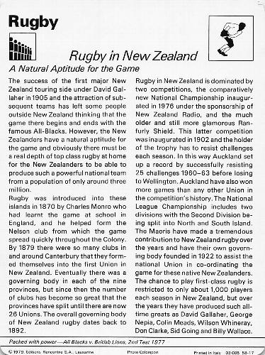 1977-79 Sportscaster Series 58 #58-17 Rugby in New Zealand Back