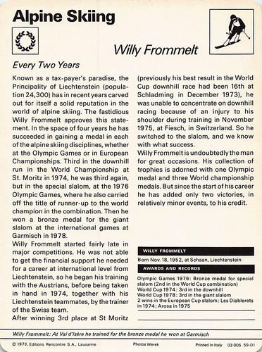 1977-79 Sportscaster Series 59 #59-01 Willi Frommelt Back