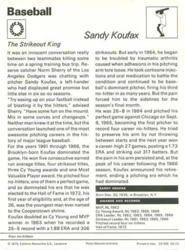 1977-79 Sportscaster Series 60 #60-23 Sandy Koufax Back