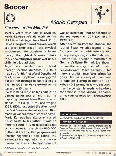 1977-79 Sportscaster Series 61 #61-22 Mario Kempes Back
