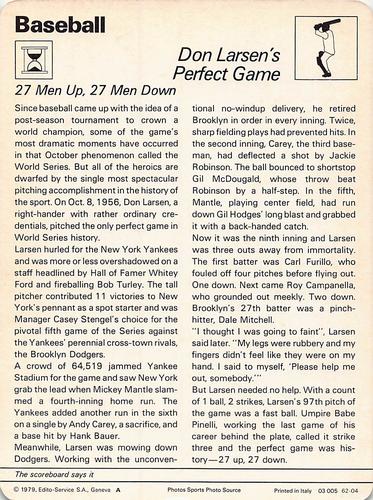 1977-79 Sportscaster Series 62 #62-04 Don Larsen's Perfect Game Back