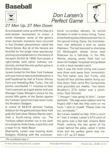 1977-79 Sportscaster Series 62 #62-04 Don Larsen's Perfect Game Back
