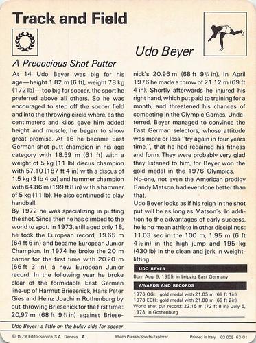 1977-79 Sportscaster Series 63 #63-01 Udo Beyer Back