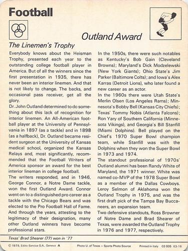 1977-79 Sportscaster Series 63 #63-16 Outland Award Back
