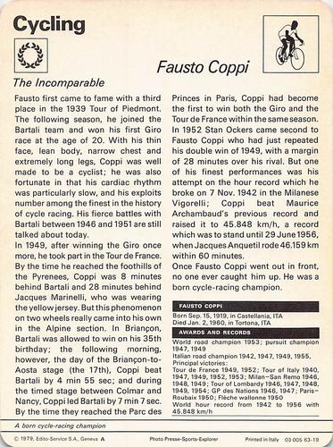 1977-79 Sportscaster Series 63 #63-19 Fausto Coppi Back