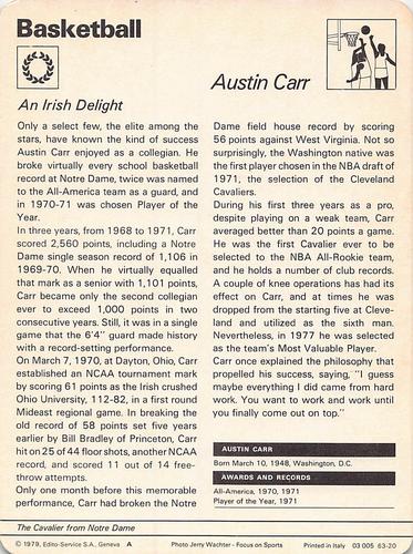 1977-79 Sportscaster Series 63 #63-20 Austin Carr Back