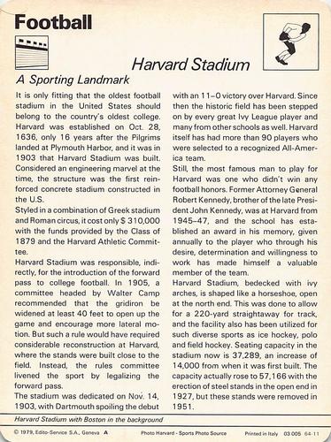 1977-79 Sportscaster Series 64 #64-11 Harvard Stadium Back