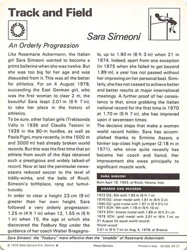1977-79 Sportscaster Series 68 #68-22 Sara Simeoni Back